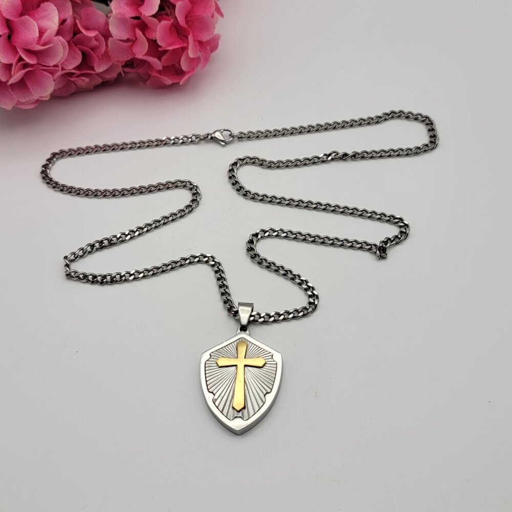 Brilliance Stainless Steel Cross Necklace Silver Gold Two Tone Curb Chain 24"